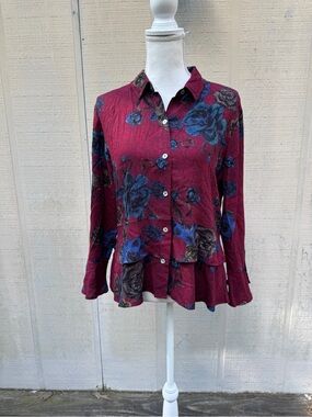 Habitat Burgundy Floral Button-Up Blouse with Blue Accents